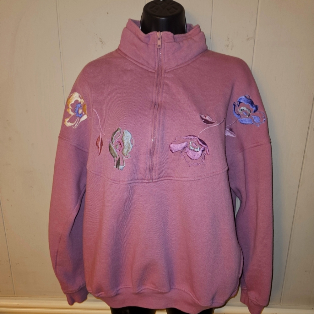 VINTAGE Embroidered Patchwork Grandmacore Quarter Zip Sweatshirt Large